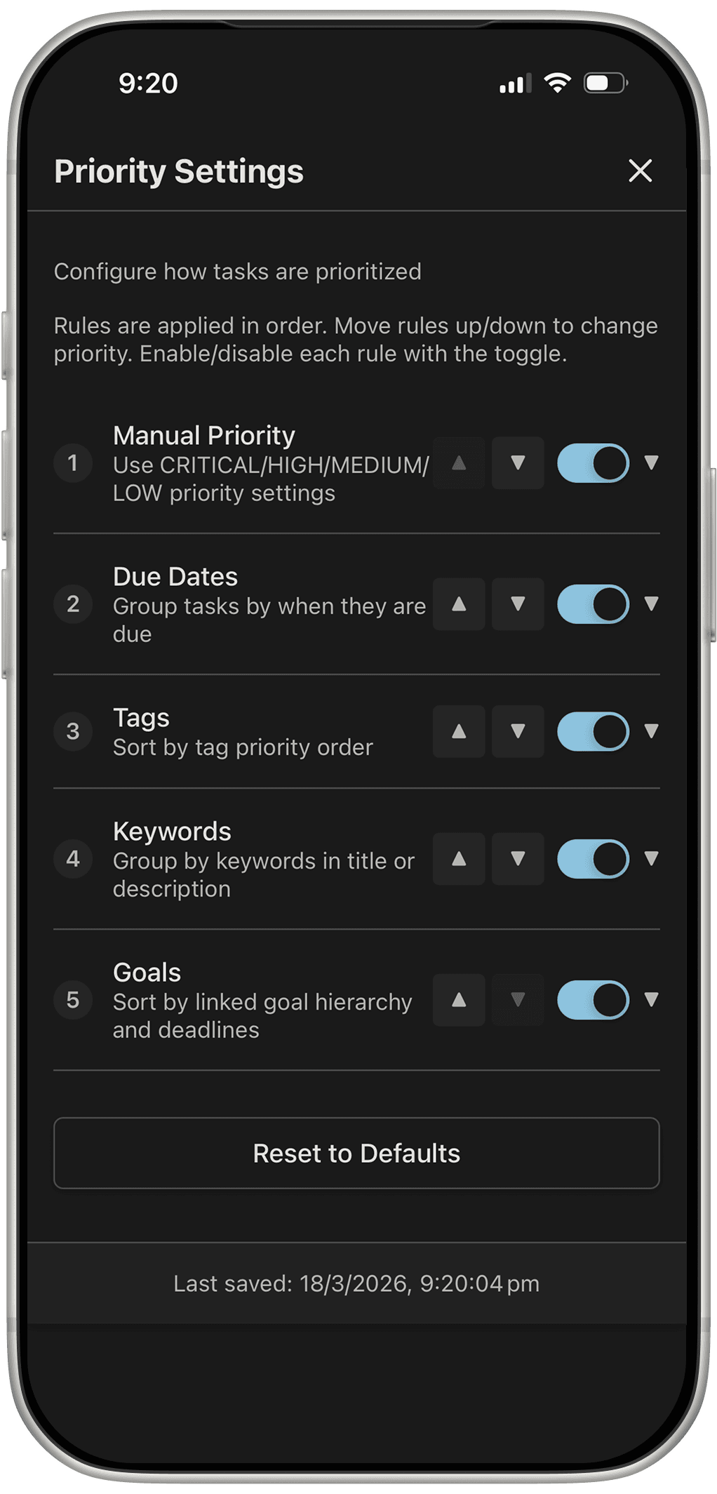 Gridflo app: priority settings