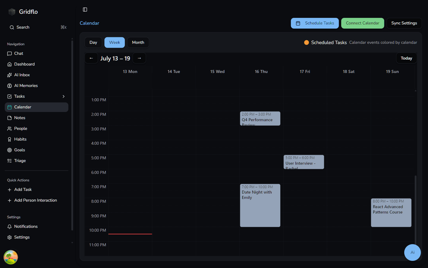 Gridflo calendar toolbar showing the Connect Calendar and Sync Settings buttons in the top right