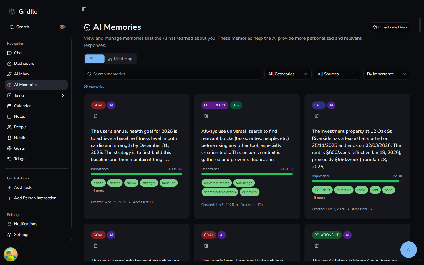 The AI Memories page showing a grid of memory cards labeled by type with importance bars, plus search and filter controls