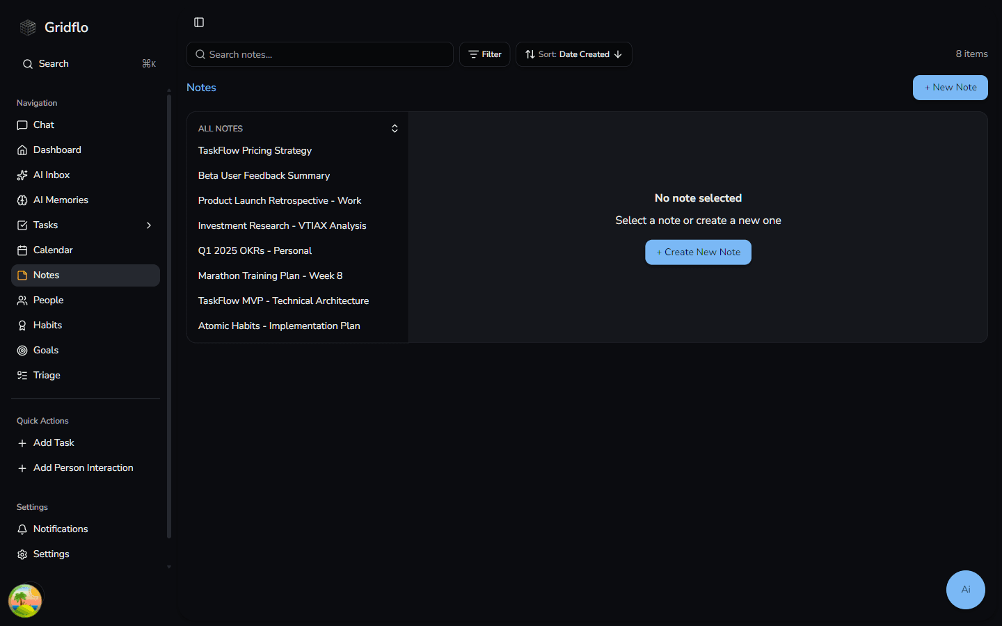 The Notes page in Gridflo showing the All Notes list, the search box, Filter and Sort controls, and the + New Note button