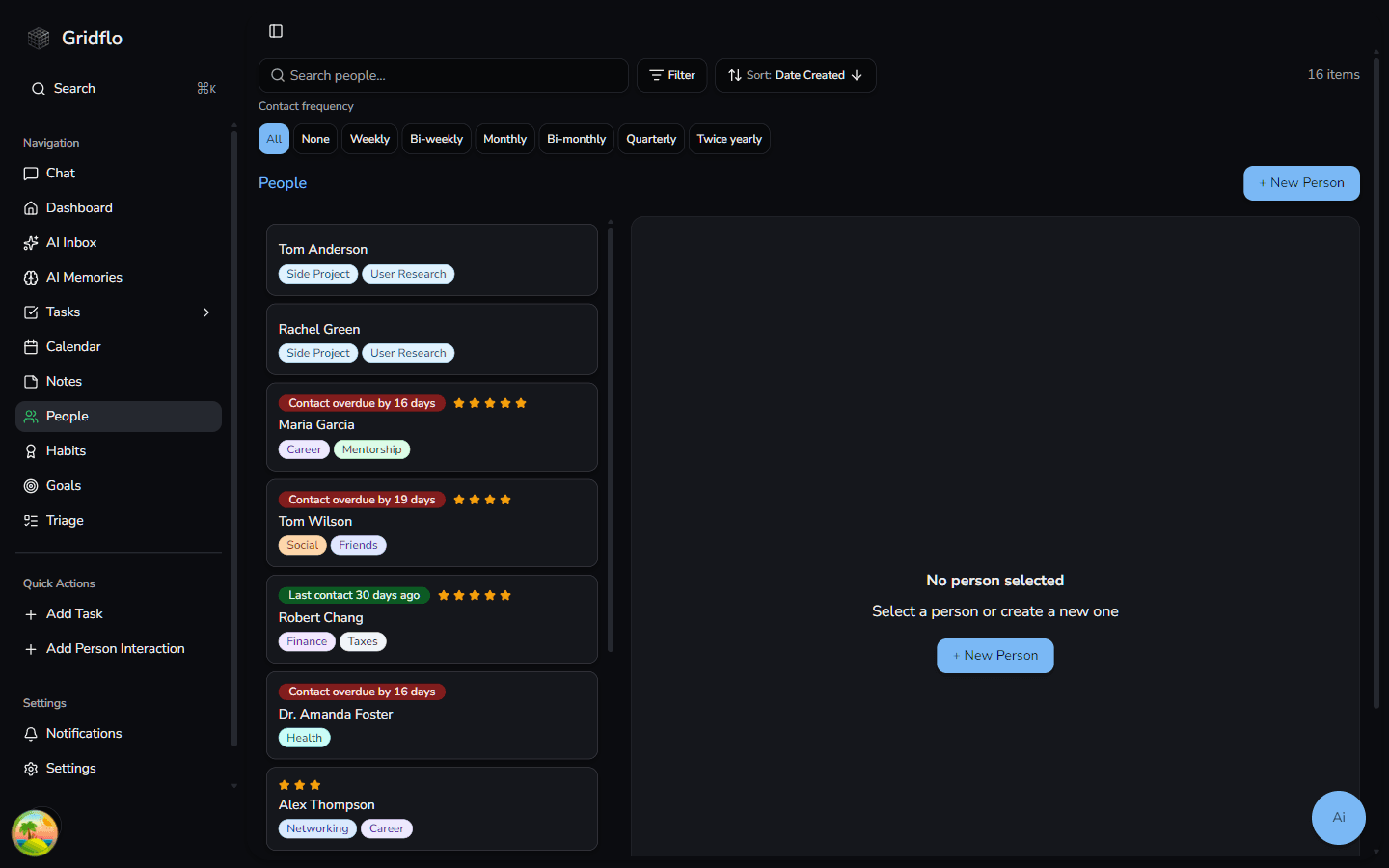 The People page in Gridflo with contact frequency filter buttons and person cards showing last-contact and overdue badges