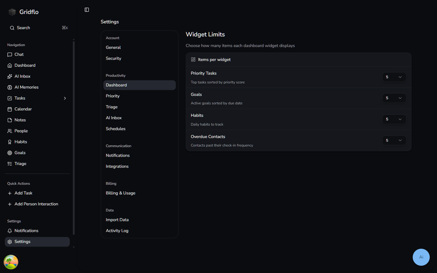 Gridflo Settings with sections grouped under Account, Productivity, Communication, Billing, and Data
