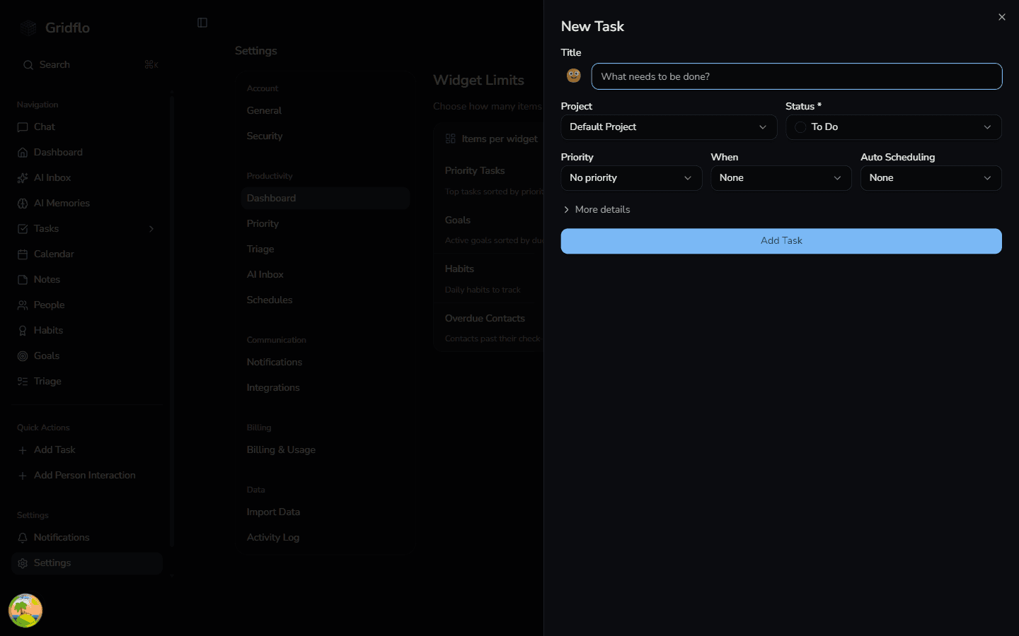 The New Task dialog with Title, Project, Status, Priority, When, and Auto Scheduling fields