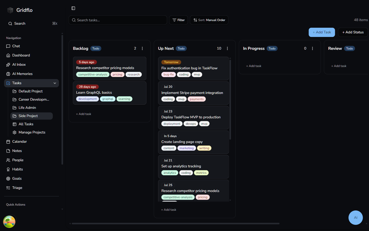 A kanban board with Backlog, Up Next, In Progress, and Review columns, and the Tasks submenu expanded in the sidebar